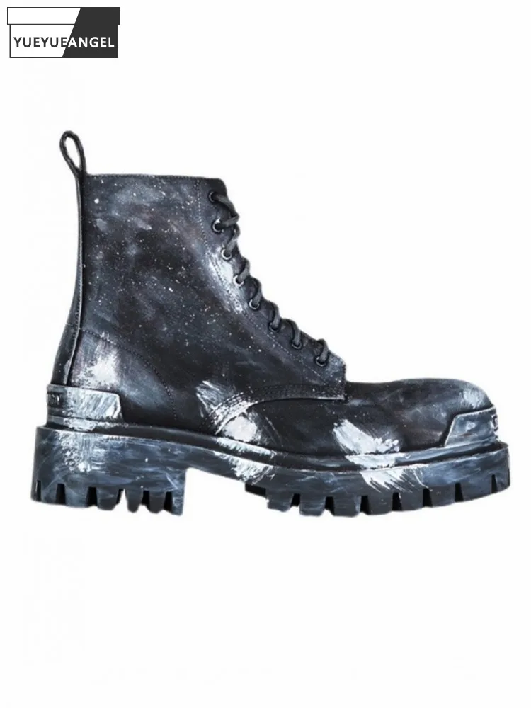 

Street Graffiti Platform Shoes Men Vintage British Style Breathable Lace Up Canvas High Top Shoes Gothic Motorcycle Boots Male