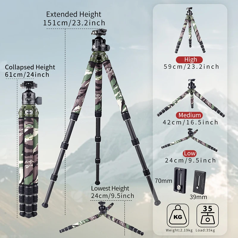 Carbon Fiber Travel Tripod with Arca Swiss/Picatinny Clamp 35kg Max Load for Hunting Shooting Outdoor Photography XILETU