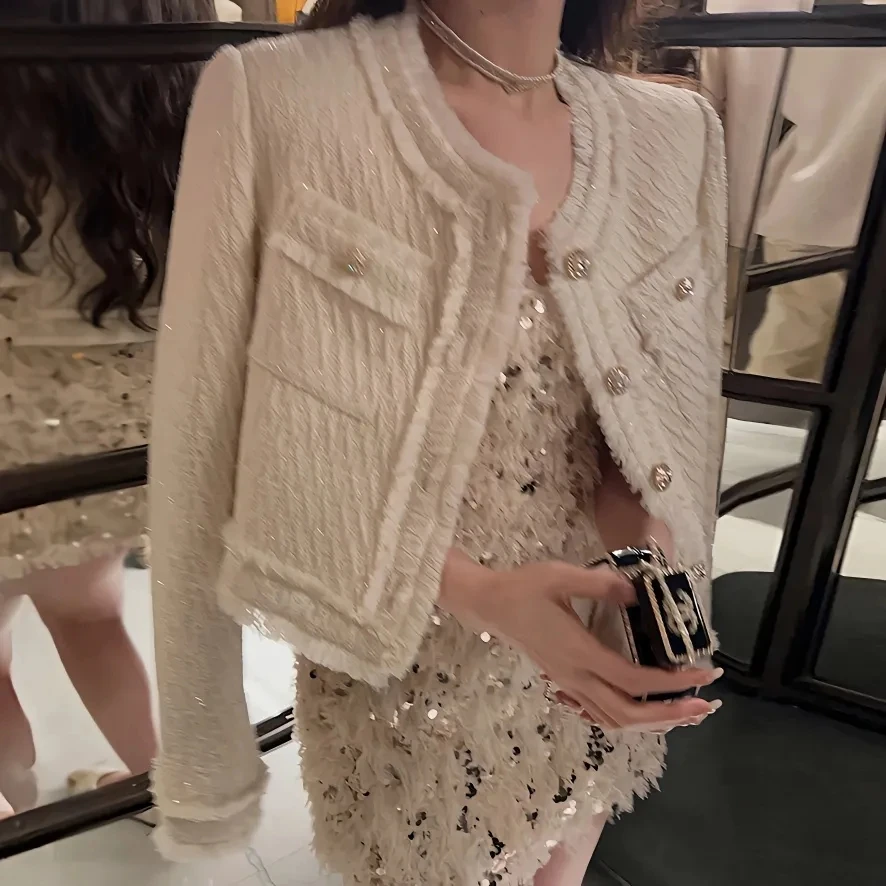 

Temperament Celebrity Fragrant Coat Women's Spring Autumn 2023 New Versatile Round Neck Short Coat Tassel Tweed Jacket White