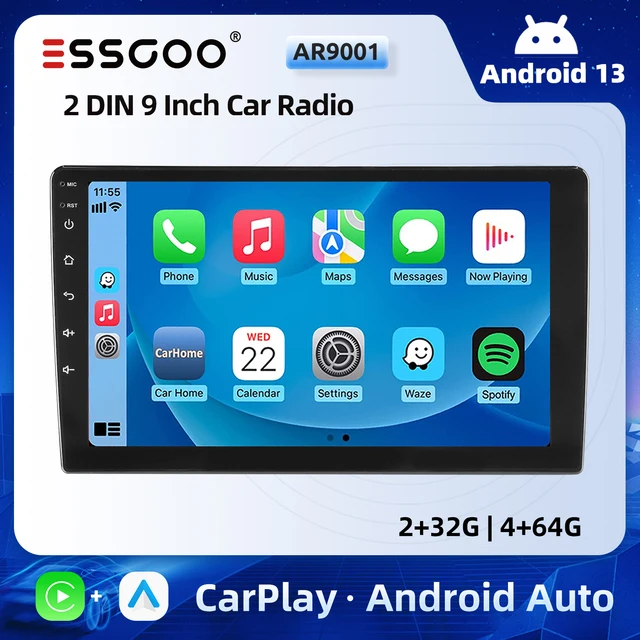 ESSGOO 9" Android 13 Auto Carplay Car Stereo Head Unit Double 2 DIN Multimedia Player GPS Navigation Bluetooth FM RDS Radio