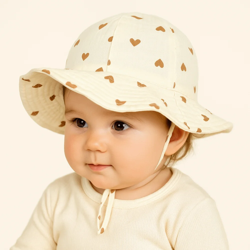 Cute Cotton Infant Bucket Hat Love Heart Wide Brim Sunhat with Strap Flower Children's Fisherman Hat