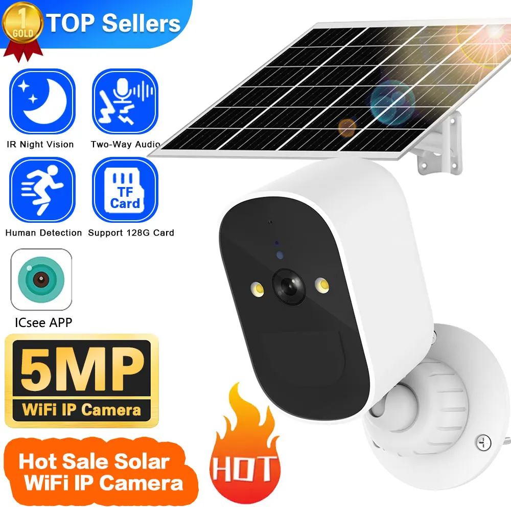 

5MP ICsee WiFi Camera Solar Outdoor Wireless Battery Powered Bullet Security Camera PIR Motion Alarm Cloud Storage Two Way Audio