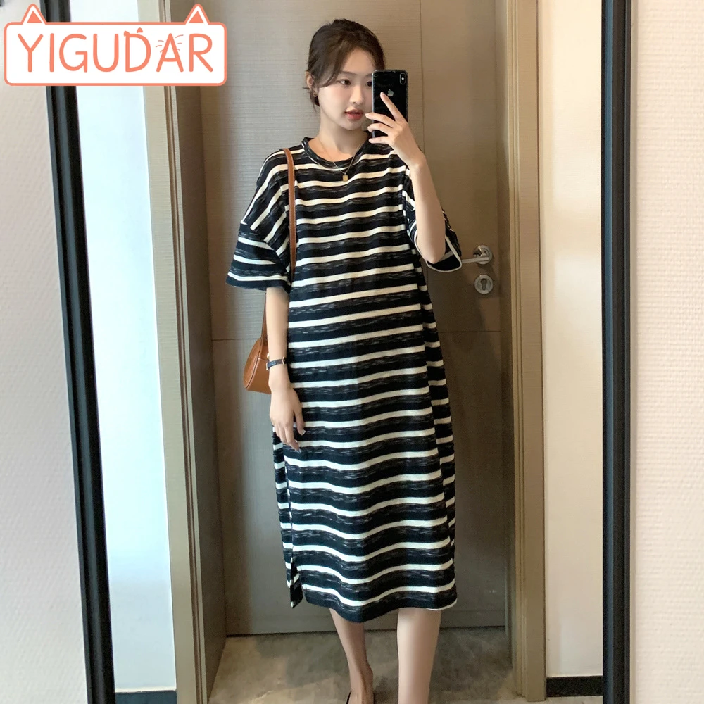 

Summer Pregnancy Clothes Loose Covering Belly Slim Stripe T-shirt Maternity Dress Mid Length Korean Round Neck Pregnancy Dress