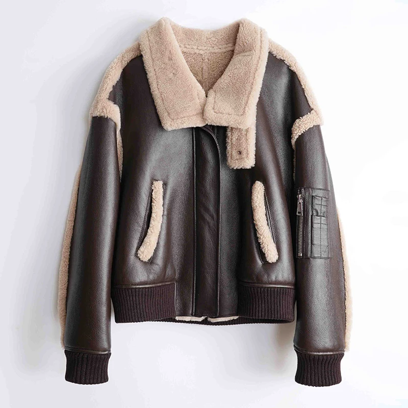 Vera Pelle E Pelliccia Cappotto Donna Inverno Locomotiva Moda Caffè Vintage Pelle Di Pecora Lana Shearling Giacca Manteau Fourrure Femme