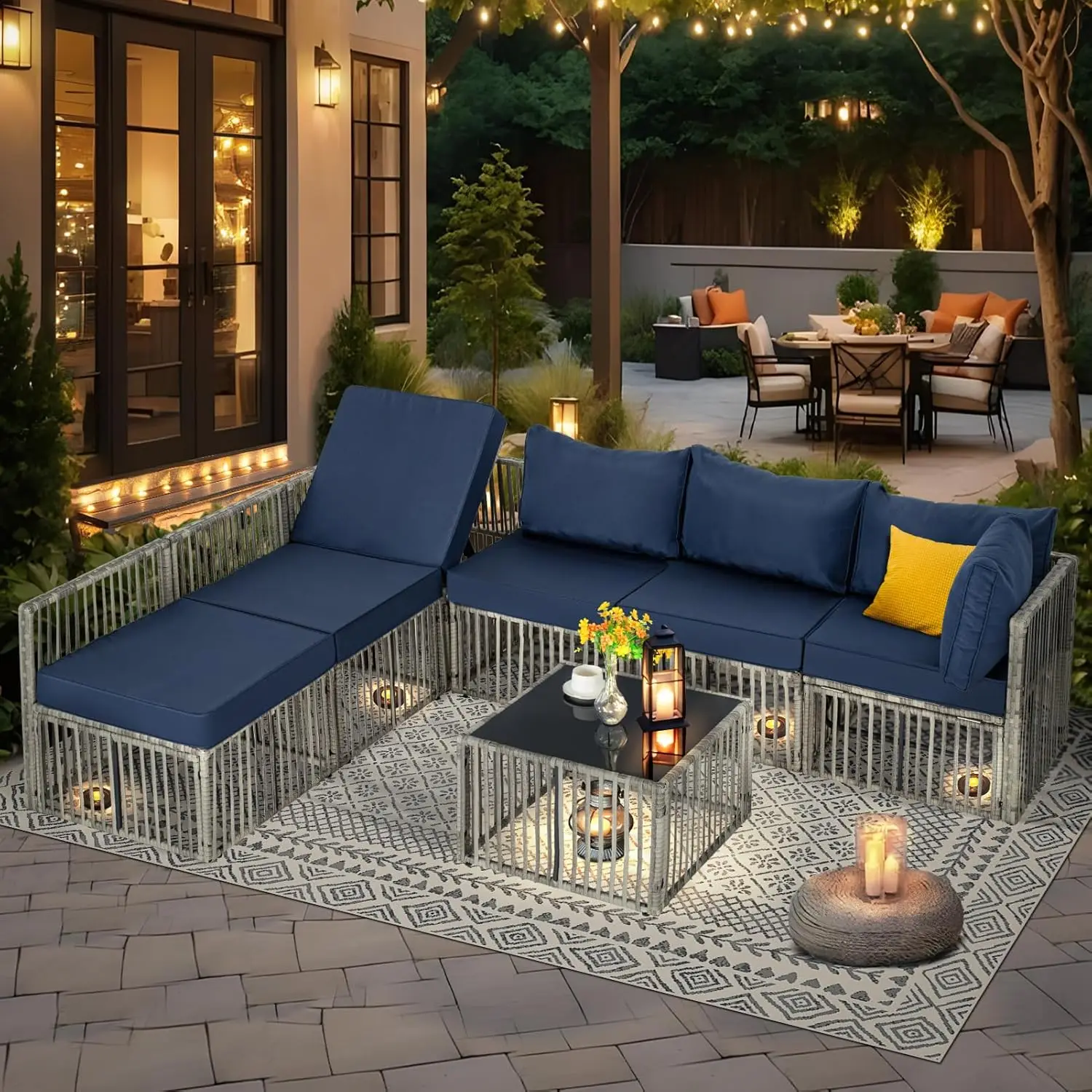 7 Pieces Outdoor Patio Furniture Set, Wicker Outdoor Sectional Conversation Couch Set , Beige Cushions & Coffee Table