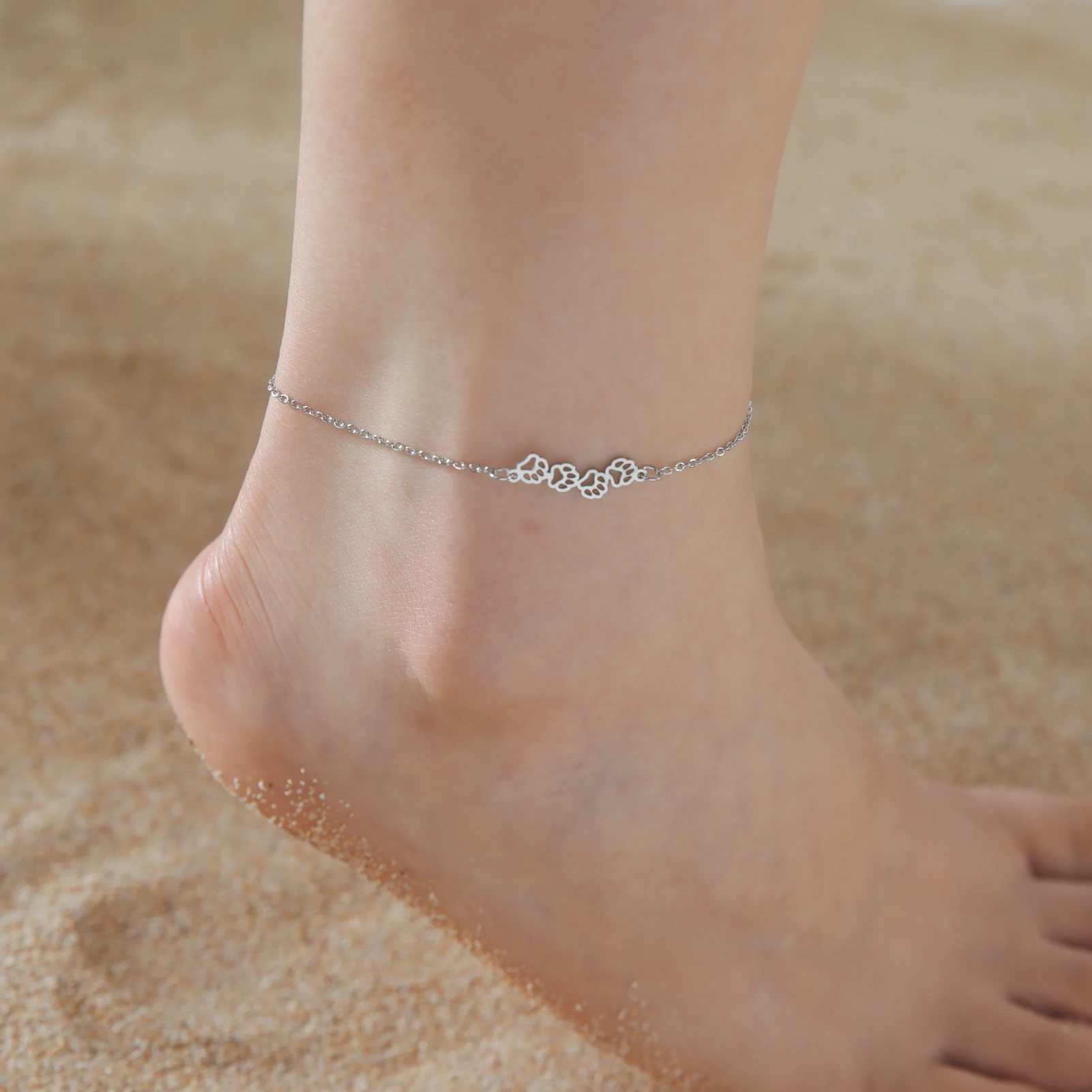 Cat Dog Paw Anklet Women Stainless Steel Double Layer Beads Chain Ankle Bracelet Animal Footprints - PeticaDeals