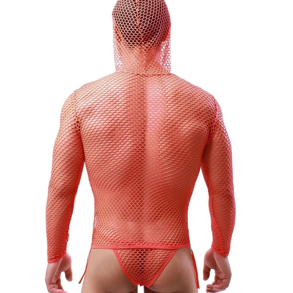 Sexy Men Undershirts Transparent Underwear Briefs Hooded Tops Thong Net Clothes Set Breathable Long Sleeve Muscle Man Mesh 2pcs