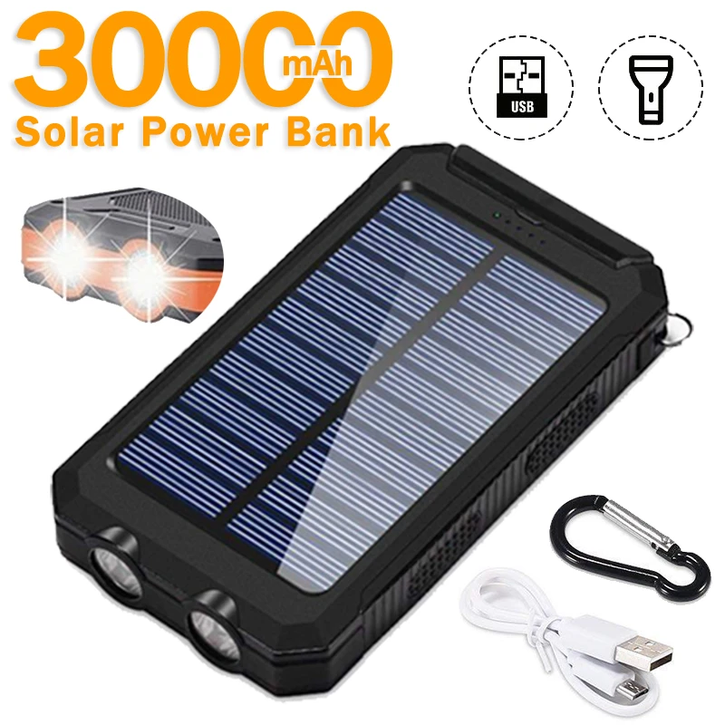 top power bank 30000mAh Solar Power Bank Large Capacity Phone Charger Travel Emergency Light Waterproof External Battery for iPhone13 Xiaomi usb battery pack