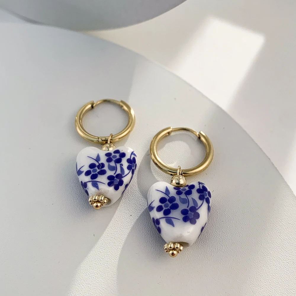 Handmade Geometric Heart Porcelain Earring Lady's Vintage Stainless Steel Hoops Ceramic Dangle Earrings Brincos for Women