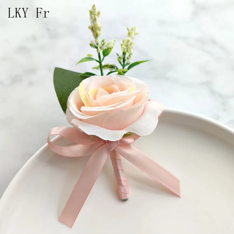 LKY Fr Bride Wedding Bouquet for Bridesmaid Groom Boutonniere Wrist Corsage Marriage Accessories White Roses Artificial Flowers