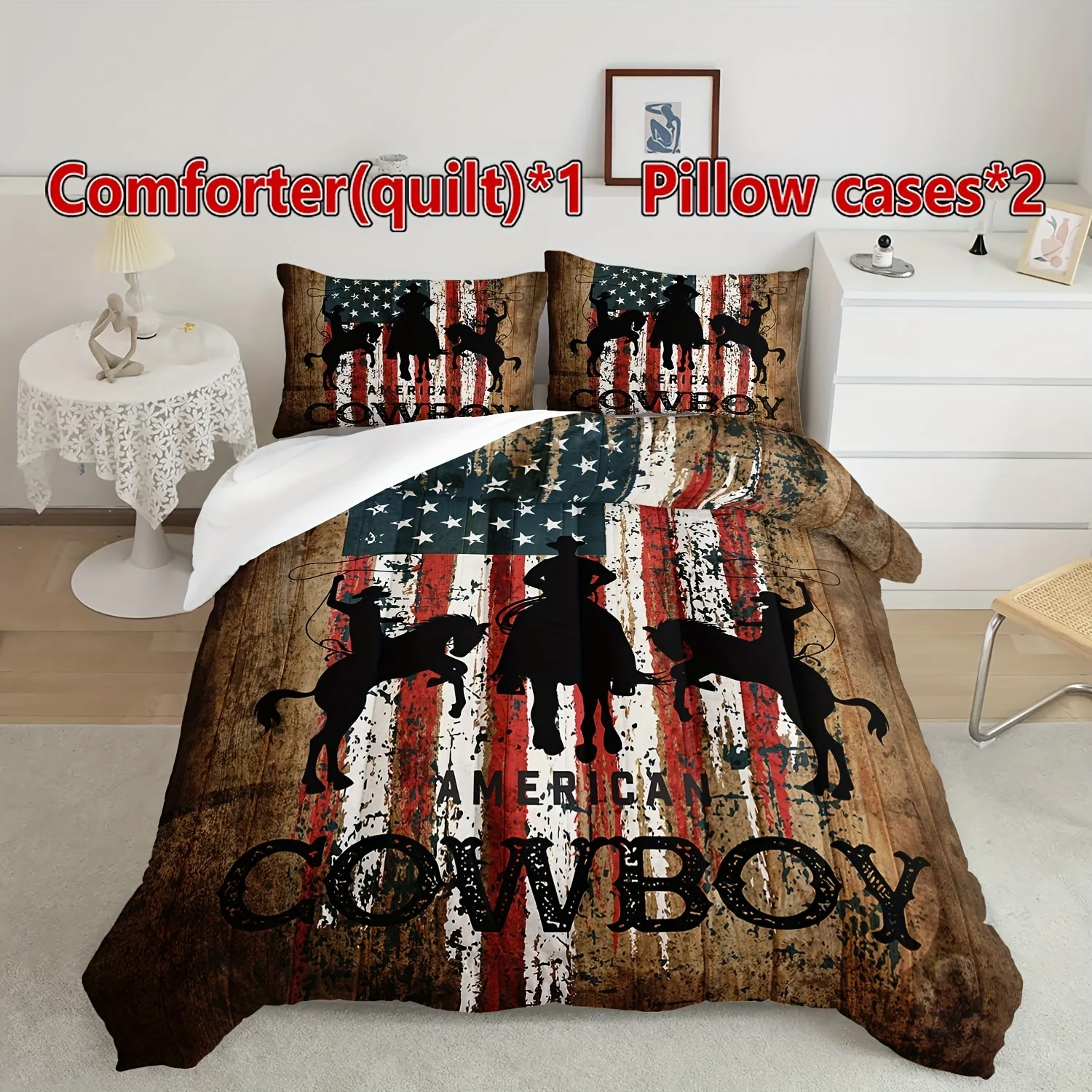 

3pcs Quilt Set, Western Cowboy Pattern Bedding Set, Soft Comfortable Quilt, For Bedroom, Guest Room (1*Quilt + 2*Pillowcases, Wi