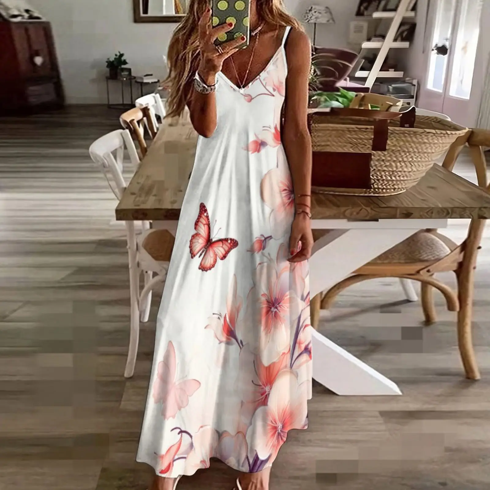 

New Summer Long Vintage Butterfly Flower Print Casual Elegant Maxi Strap Camis Dress Vestidos Sexy Women Deach Sundress