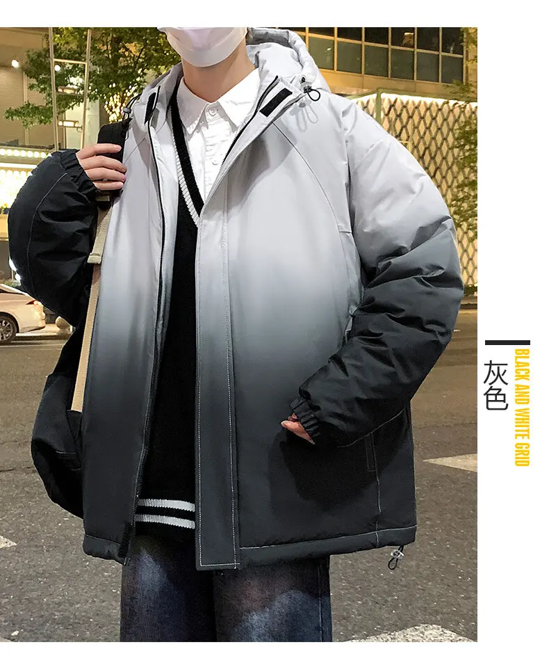 Lässige graue Entendaunenjacke mit Farbverlauf und Kapuze, 2025, Winter-Herren-Jugend-Streetwear-Mode-Puffermantel, dick gepolsterte Parkas-Kleidung – Detail 14