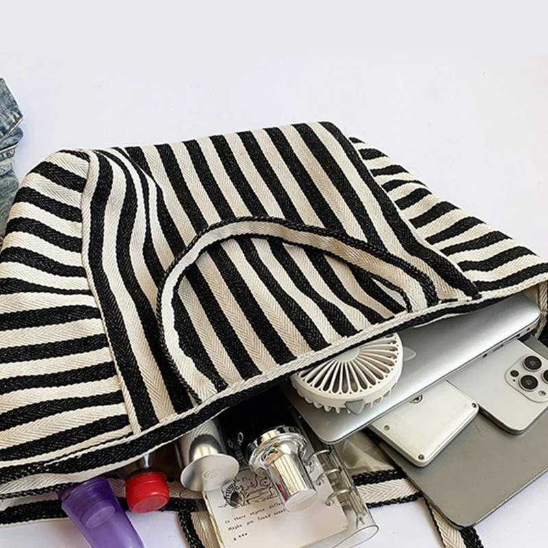 Women Portable Shoulder Bag Thin Canvas Handbag Stripes Design Large Capacity Shopping Tote Cute Cloth Books Pack