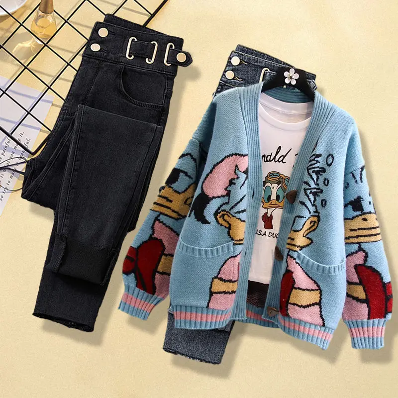 Large Size Women's Autumn Set 2024 New Knitted Cardigan Sweater Jacket High Waisted Jeans Two-piece Set