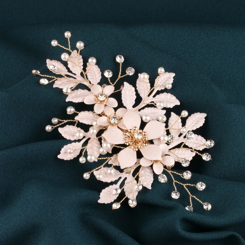 Accessorio per Capelli da Sposa con Fiore Rosa, Strass e Perle, Fermaglio per Capelli da Damigella, Elegante Decorazione per Occasioni Speciali - immagine 5