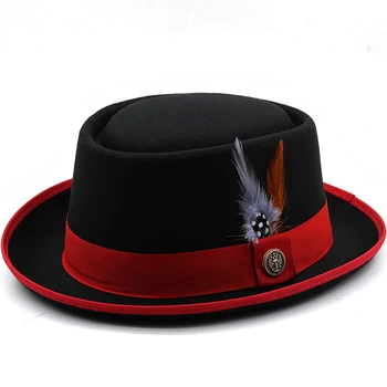 Fashion Women Men Pork Pie Hat Dad Wool Flat Fedora Hat Lady Gentleman Gambler Panama Trilby Hat With Fashion Feather Size 58CM 1