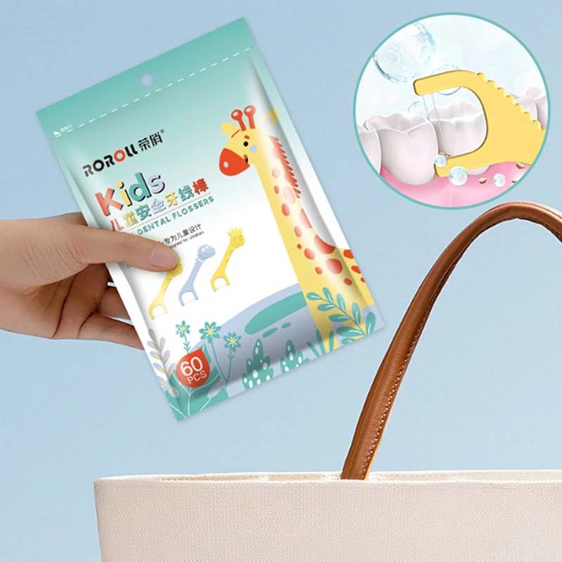 60pcs Children's Animal Dental Floss Stick Disposable Ultra-fine Toothpick Silk Stick Cute Cartoon Oral Interdental Cleaning