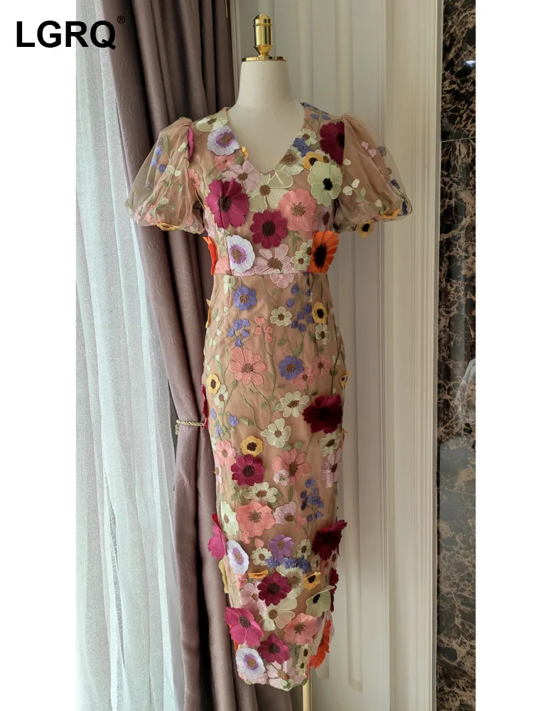 

LGRQ Women Dress Flower Embroidery Fashion Spliced V Neck High Wiast Short Sleeve Elegant Dresses Female Summer 2024 New 3WM698