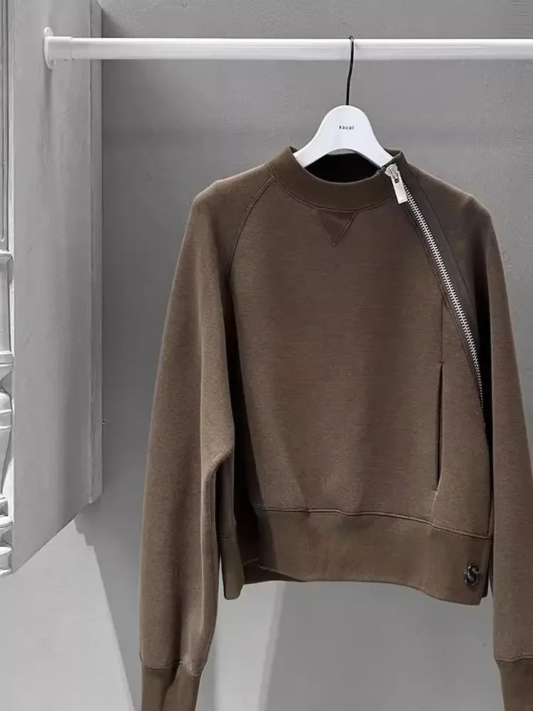 Fashion Design Sense Sweater for Women's 2023 New Autumn Fashion Coffee Long Sleeve Zipper Top  tops