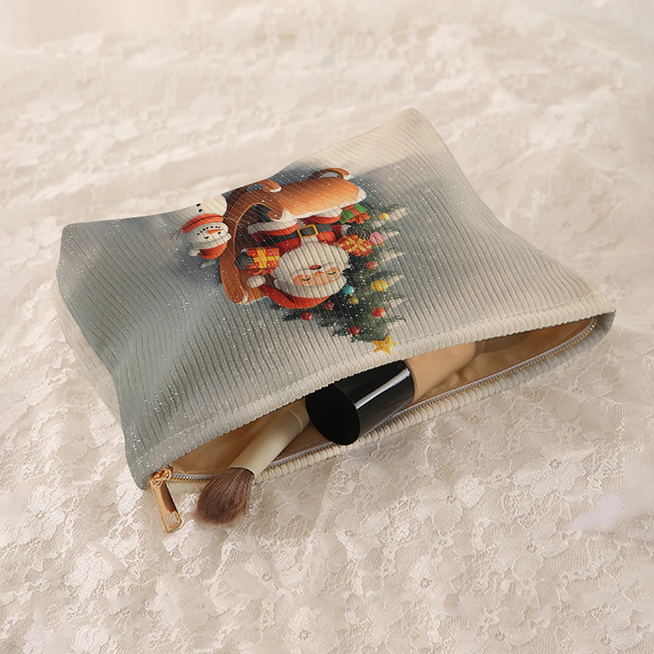 1 Christmas themed corduroy makeup bag, lightweight zipper makeup storage box, multifunctional bag with lining