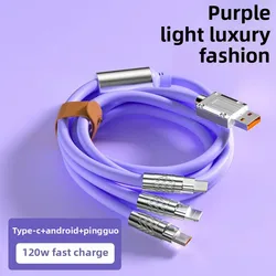 Versatile 3 - in - 1 Fast Charging Cable: 120W Multi - Port USB - C & Micro USB Data Cord - 1.2m (Purple 3 in 1 Cable)
