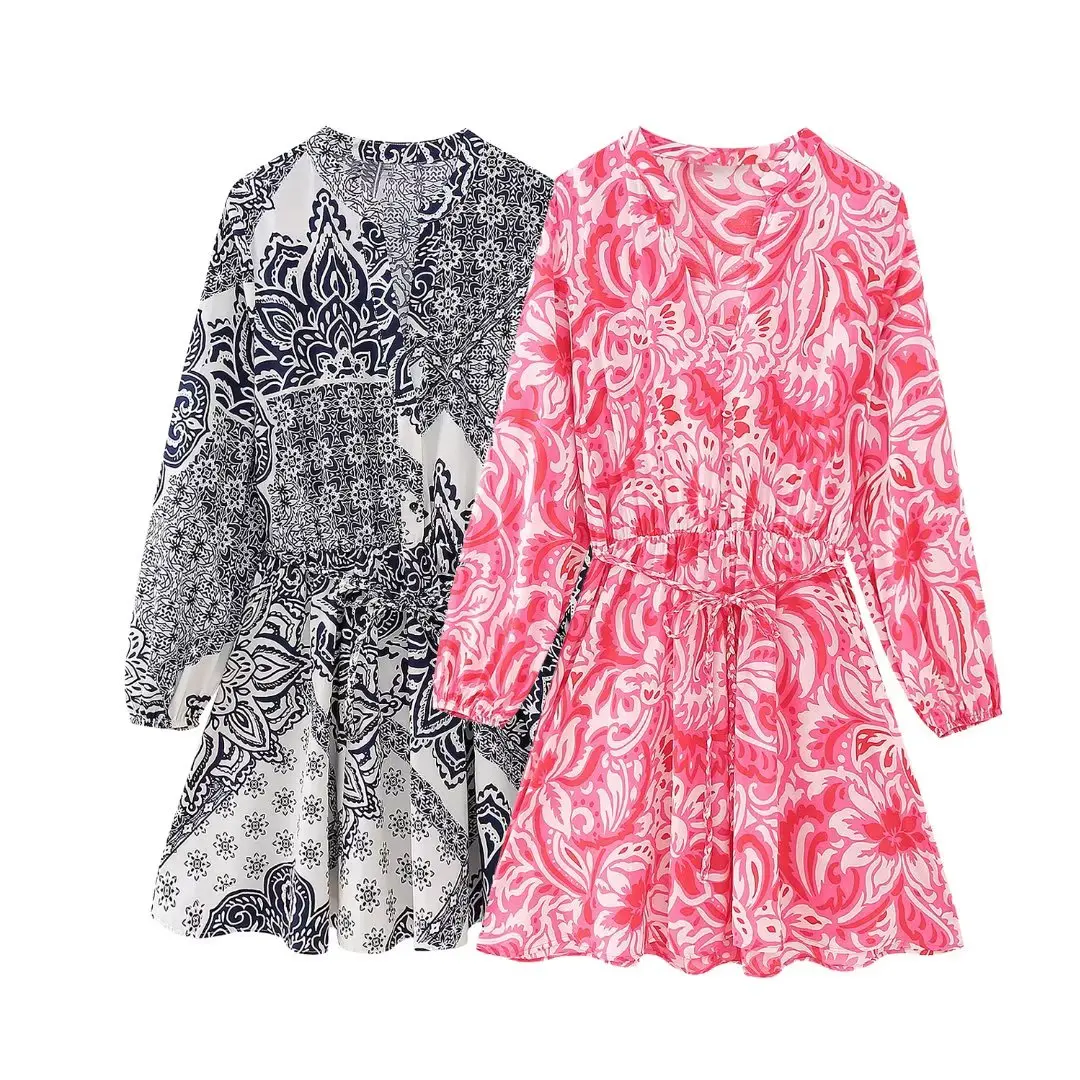 

Women 2023 New Chic Fashion Printed mini dress Vintage V Neck Long Sleeve Female Dresses Vestidos robe Mujer