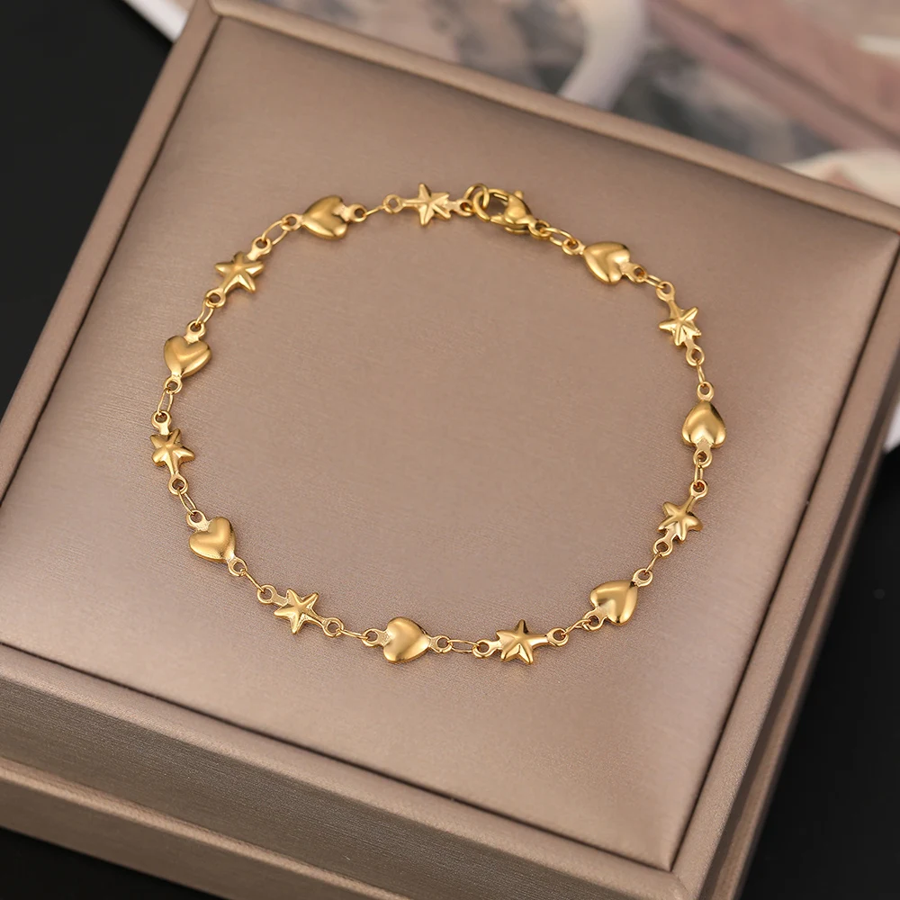 CACANA pulsera de cadena de acero inoxidable para hombre y Color dorado y plateado, colgante con forma de corazón, con estrellas, joyería N1858|Brazaletes de cadena y enlaces| - AliExpress