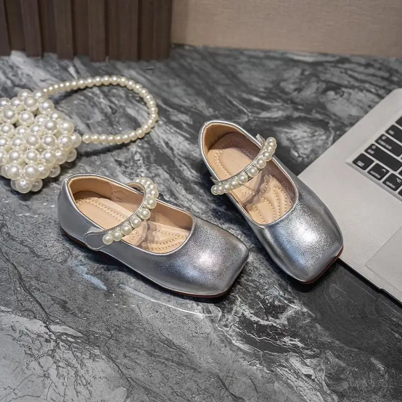 Leather Girls Ankle Strap Shoes with Beads for Autumn