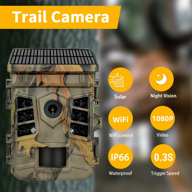 Hunting Game Camera 0.3s Trigger Time IP66 Waterproof 1080p Trail Camera with Solar Powered WiFi Connect Function 3