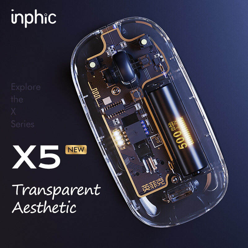 inphic X5 Transparent Mouse 2.4GHz Wireless Mouse Rechargeable Optical Mice 1600dpi Silent Mouse Type C fast charge