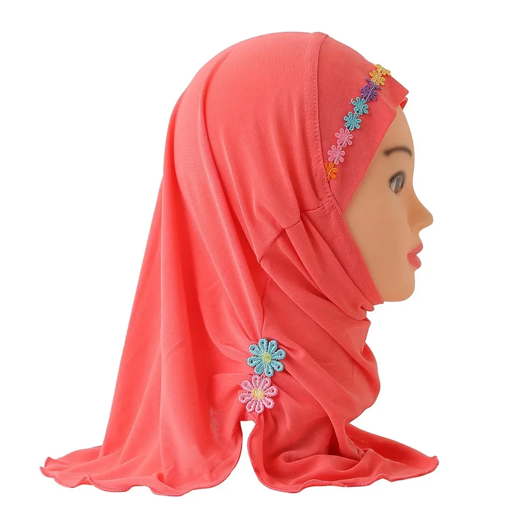 

H041 Fit 2-6 years old small girl cute hijab caps with flowerbeautiful muslim scarf islamic headscarf hat amira pull on headwrap
