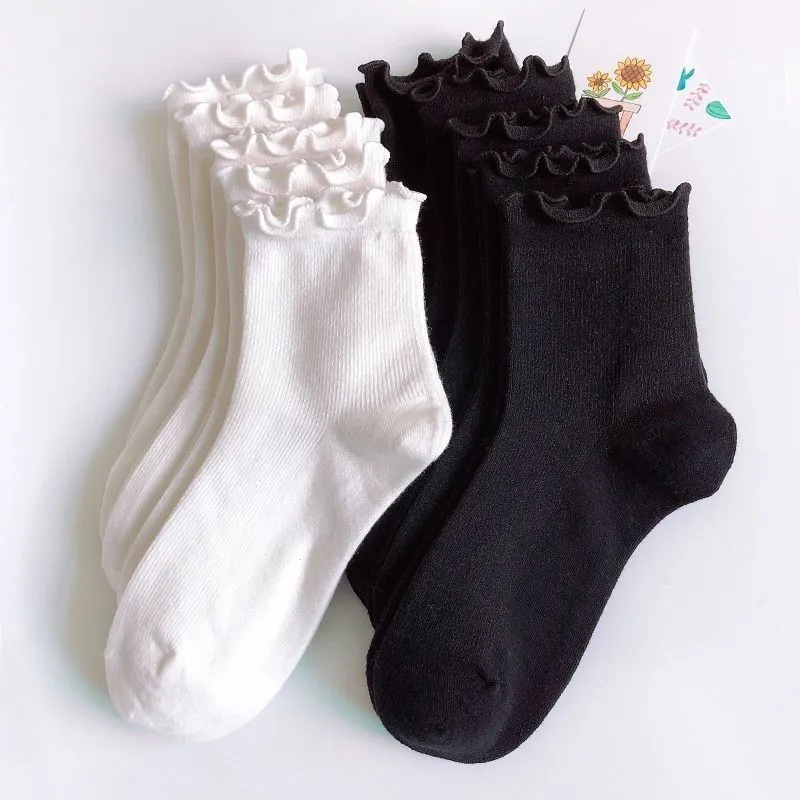 

1/6pairs Cotton Ruffles Ankle Socks Women Lolita Cute Kawaii Korean Stocking Girl Spring Black White Middle Tube Japanese Sox