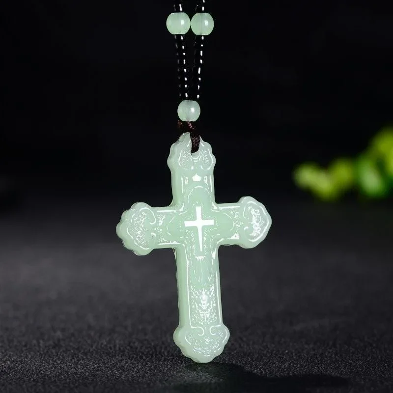 Chinese Natural Green Jade Cross Pendant Necklace