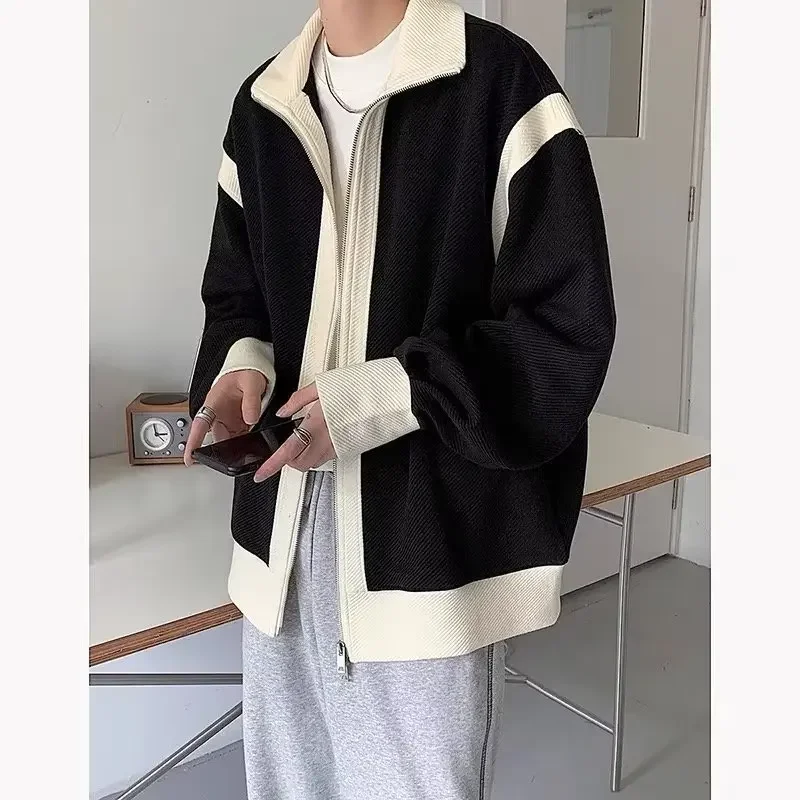 남성용 더블 지퍼 루즈핏 트렌디 브랜드, 인스 홍콩 스타일, 컬러 블록 재킷, 캐주얼 니트 탑, 야외용, 가을