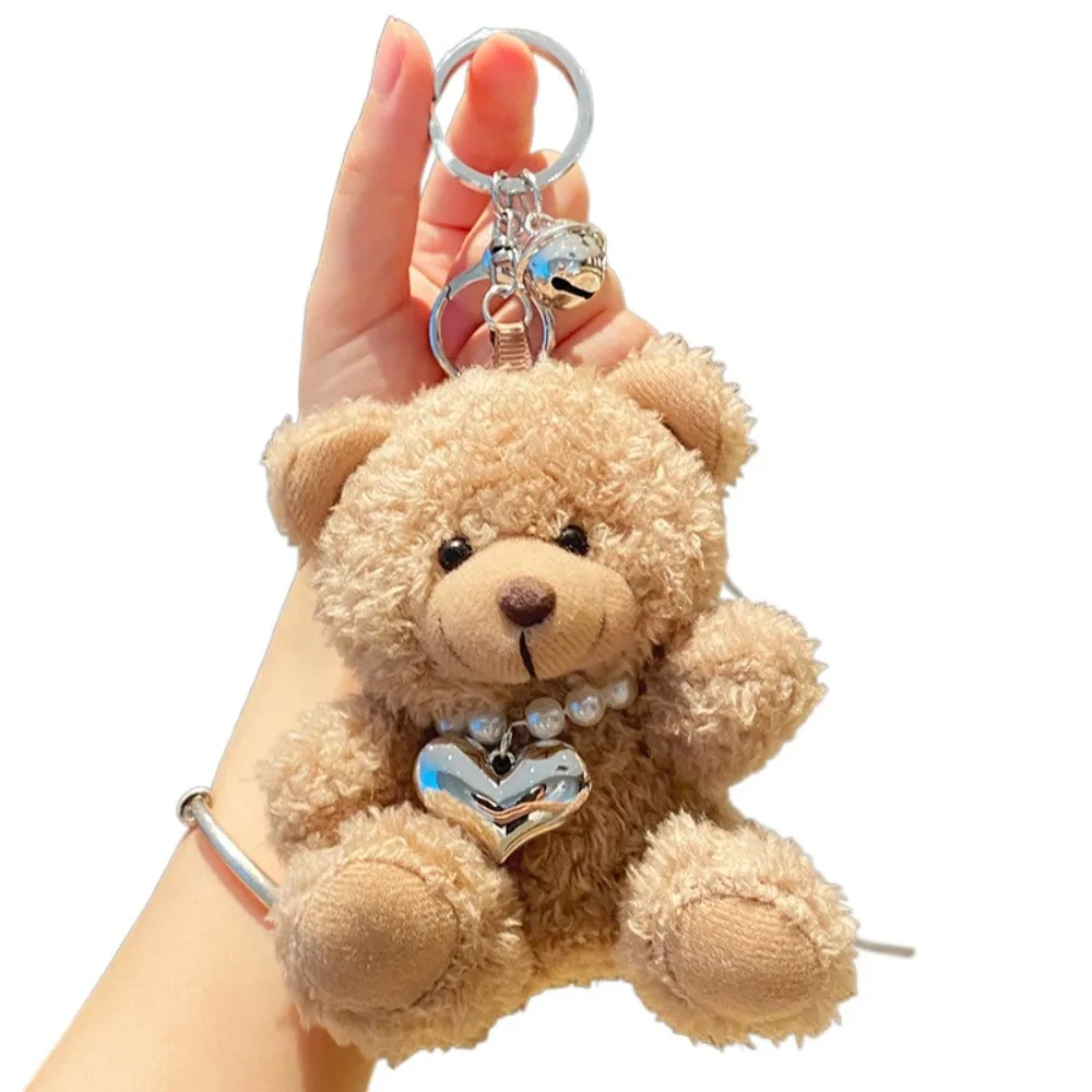 Kawaii Goggles Pilot Bear Keychain Pearl Bell Plush Bear Key Ring Doll Clothing Hanging Rope Stuffed Animal Pendant Bag