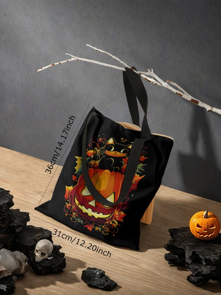 Halloween pumpkin and black cat pattern printed casual handbag, reusable fashionable shopping bag