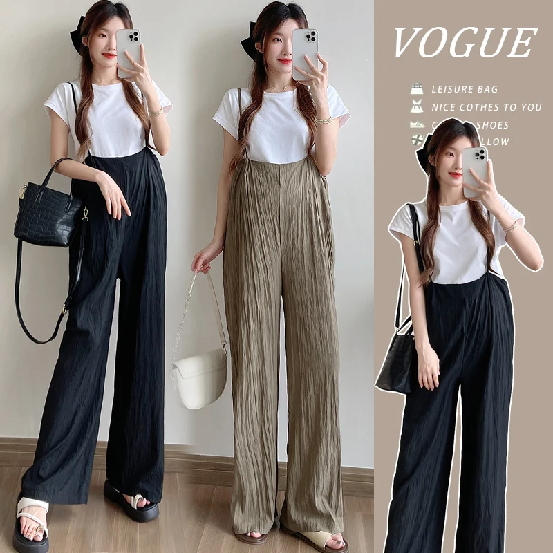U74365# 2 Pcs Maternity Wide Leg One-piece Uniform Suits Summer Maternity 2 Pcs Clothing Set