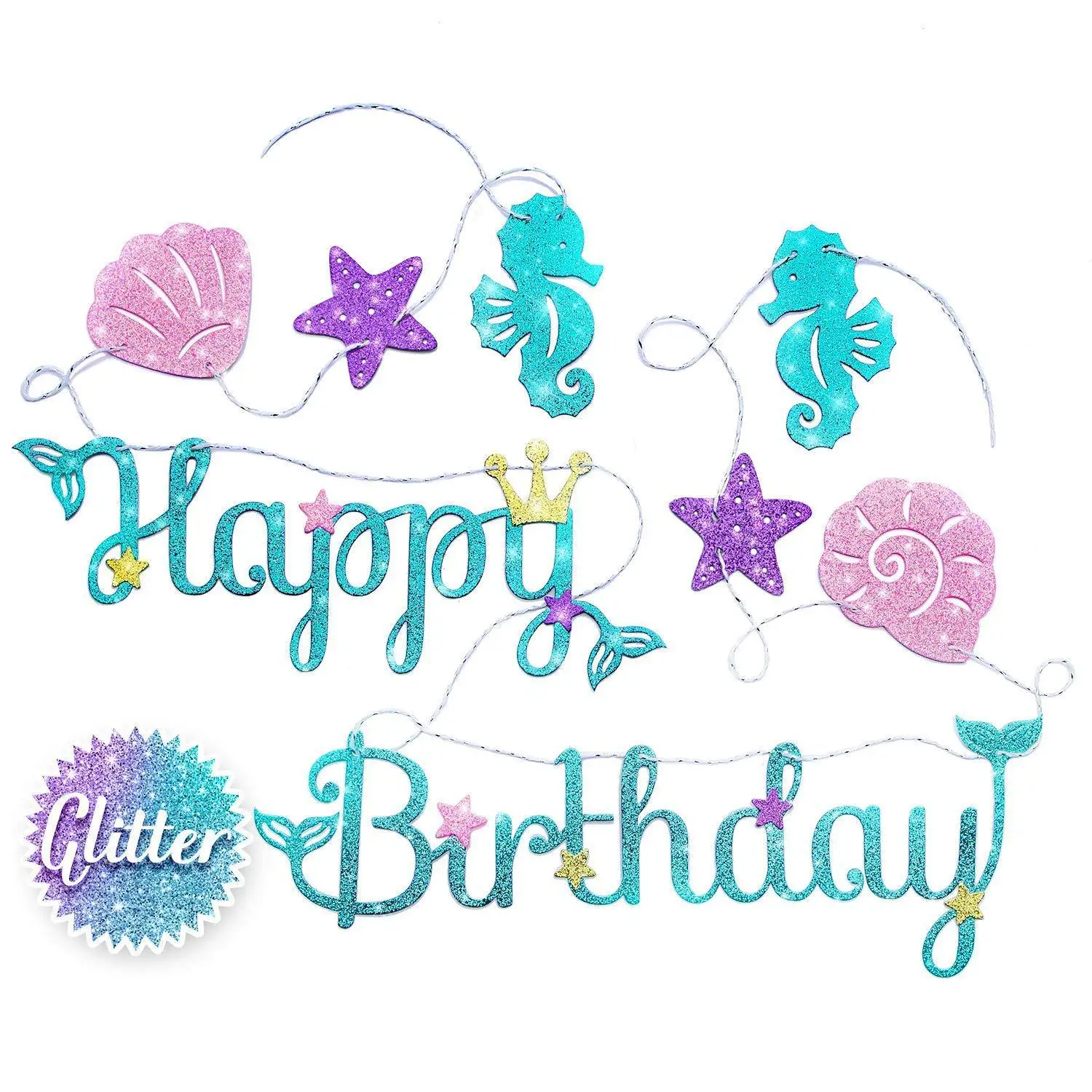 

Mermaid Party Decoration Glitter Mermaid Princess Gold Crown Seahorse Banner Kids Girls Happy Mermaid Theme Birthday Party Decor