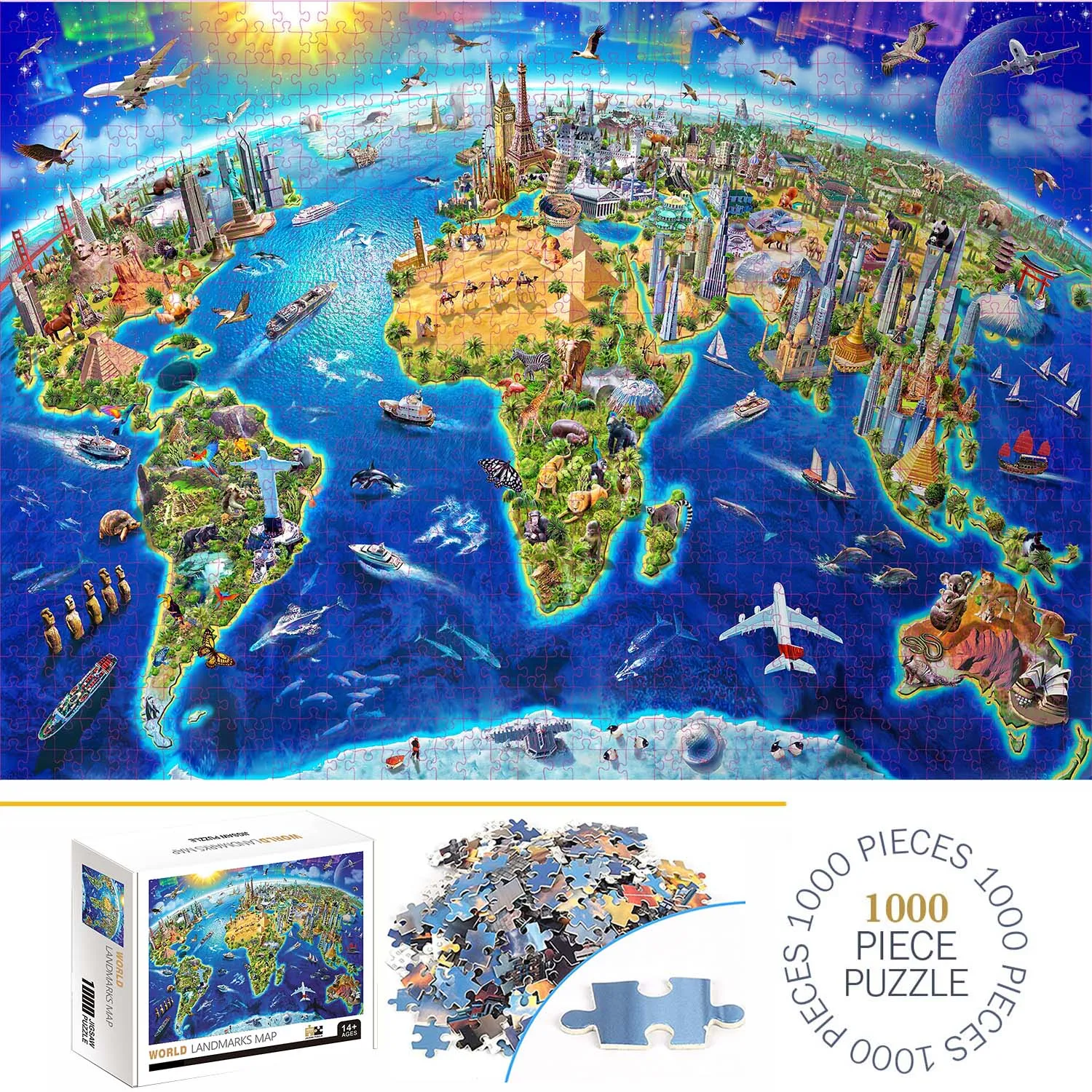Jigsaw Puzzles Wooden Jigsaw Puzzles Educational Puzzles 1000 Pieces World Landmarks Map Jigsaw Puzzles for Adults Home Decor Family Fun Kids