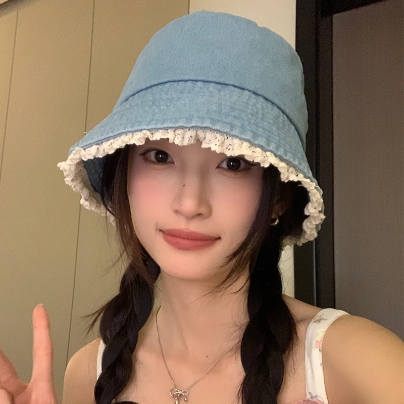 

Retro Lace Edge Denim Basin Caps Women Show Face Small Spring and Summer Travel Versatile Korean Fashion Sunscreen Bucket Hat