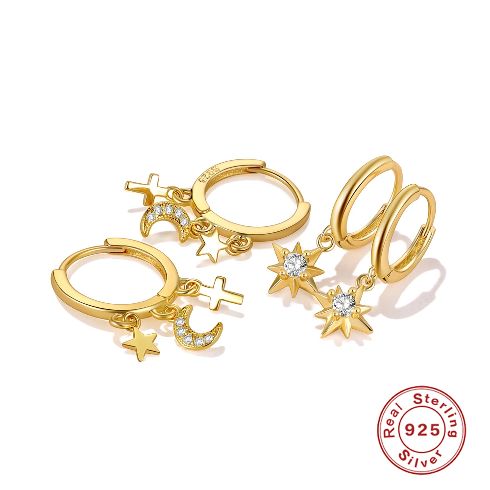 

Fashion Shiny Zircon Crystal Dangle Hoop Earrings For Women Punk Geometric Cross Star Moon Pendant Hoop Earrings 2023 Jewelry