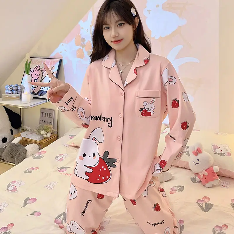 

Women's Pajamas Long Sleeve Spring Autumn Large Size 100.00kg Wearable Homewear Suit Female Sweet Cartoon Casual Sleepwear Set