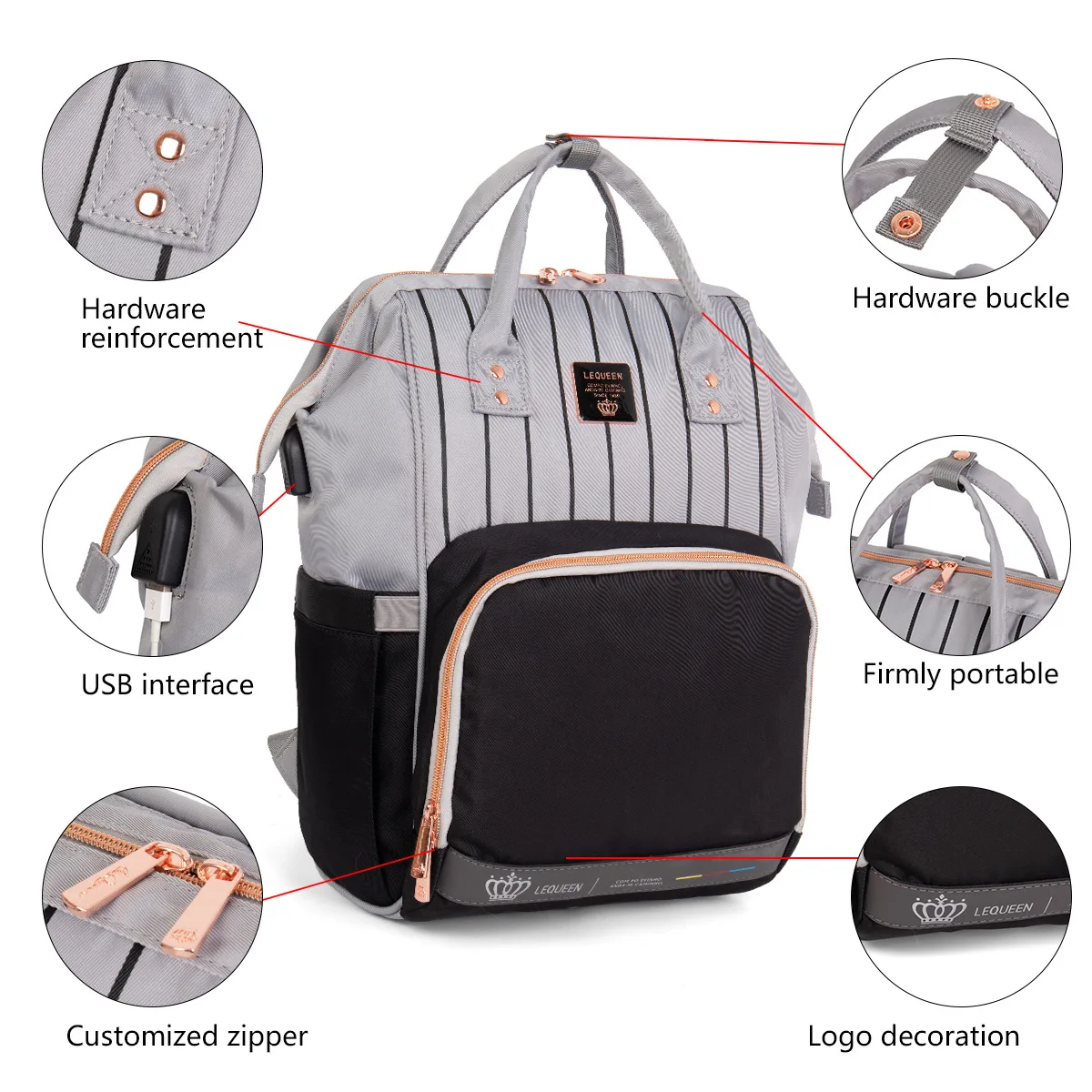 LEQUEEN Waterproof Diaper Backpack Bag Maternity USB Nursing Bag Universal Large Woman Travel Baby Organizer Stroller Bags 4