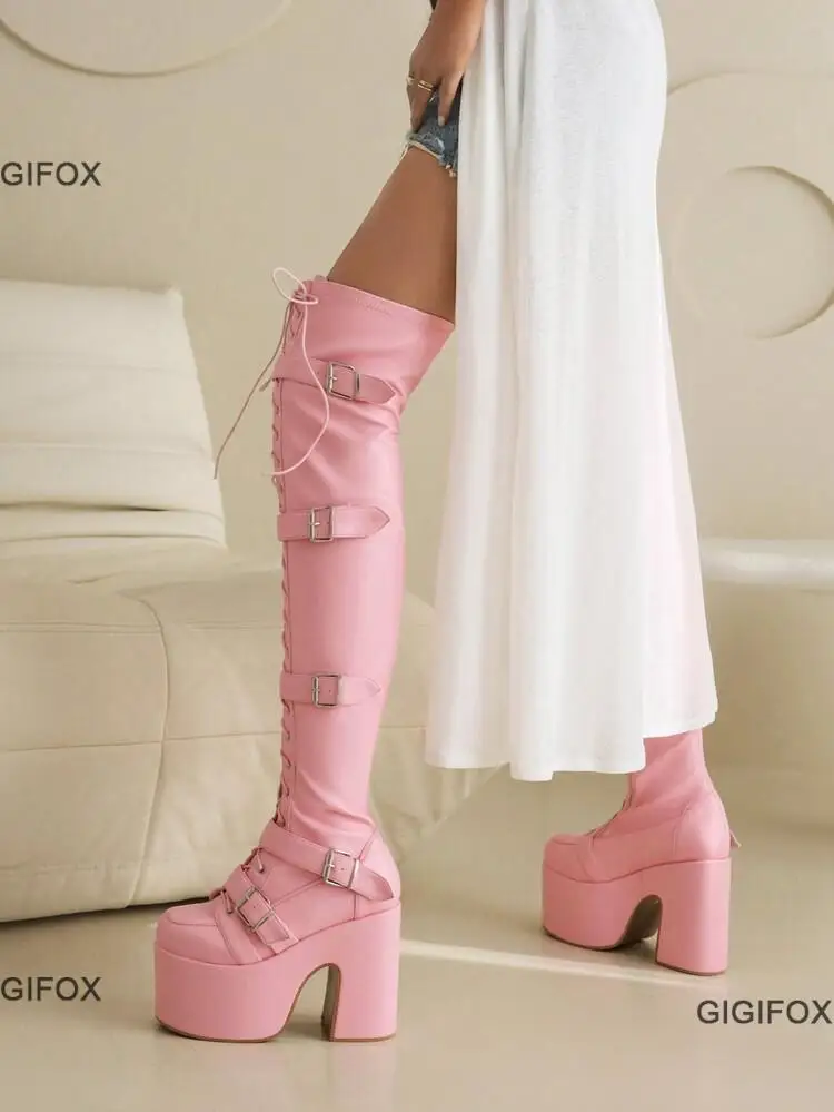 GIGIFOX Platform Boots For Women Over The Knee High Heeled Boots Punk Goth Fashion New Shoes Autumn Winter Brand New Buckles