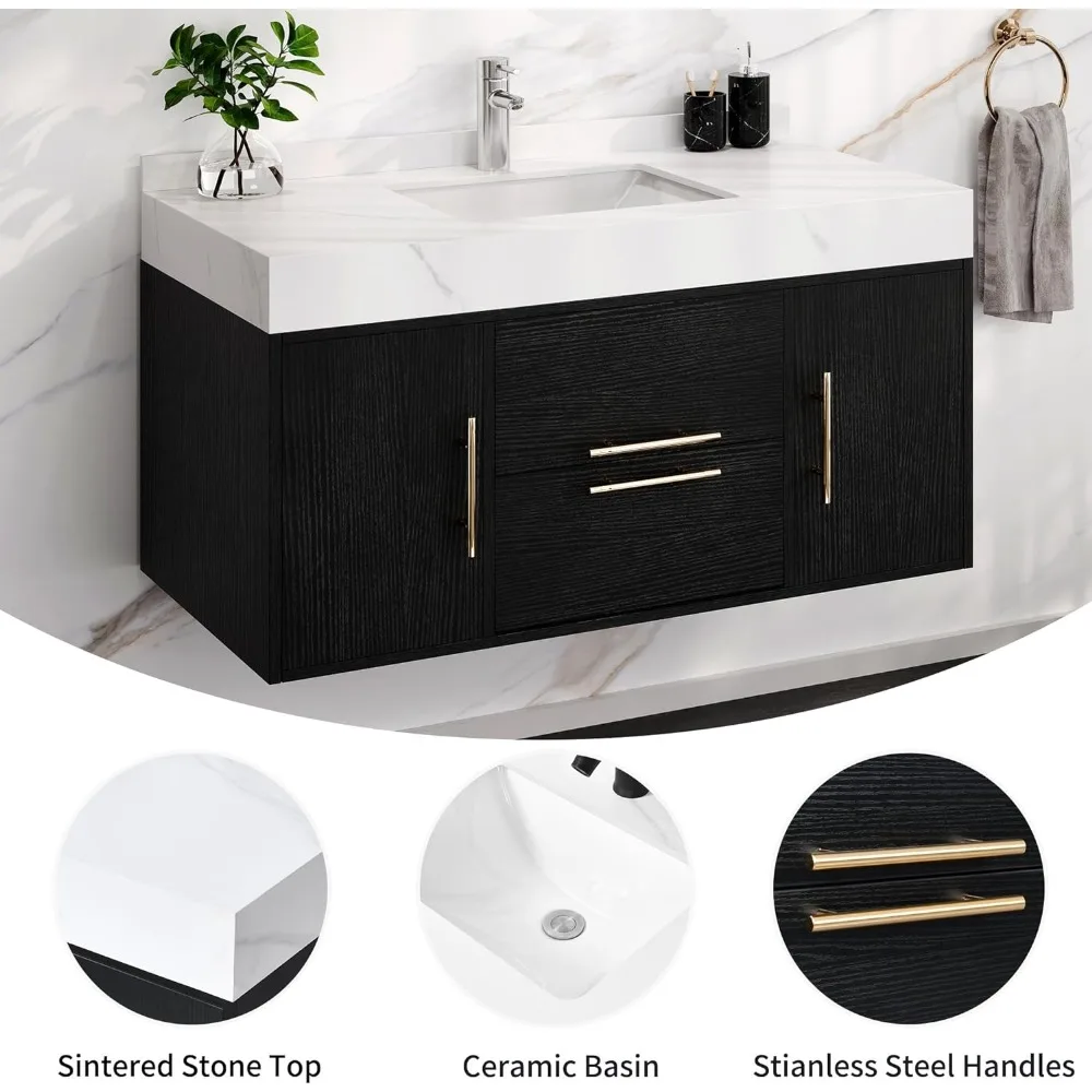 40 Inch Bathroom Vanity, Wall Mounted Vanity with Sintered Stone Countertop and Ceramic Basin Sink, Bathroom Cabinet with Sink images - 6