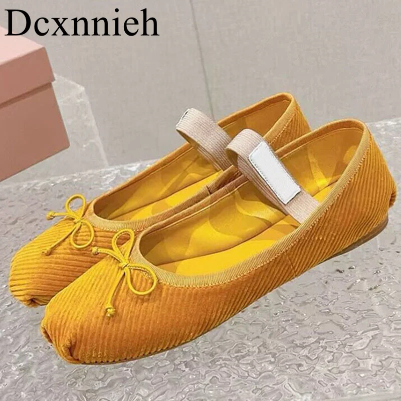 

Women Corduroy Soft Leather Flat Shoes Butterfly-knot Decor Single Shoes Solid Color Ballet Shoes Spring Autumn Mary Jane Shoes