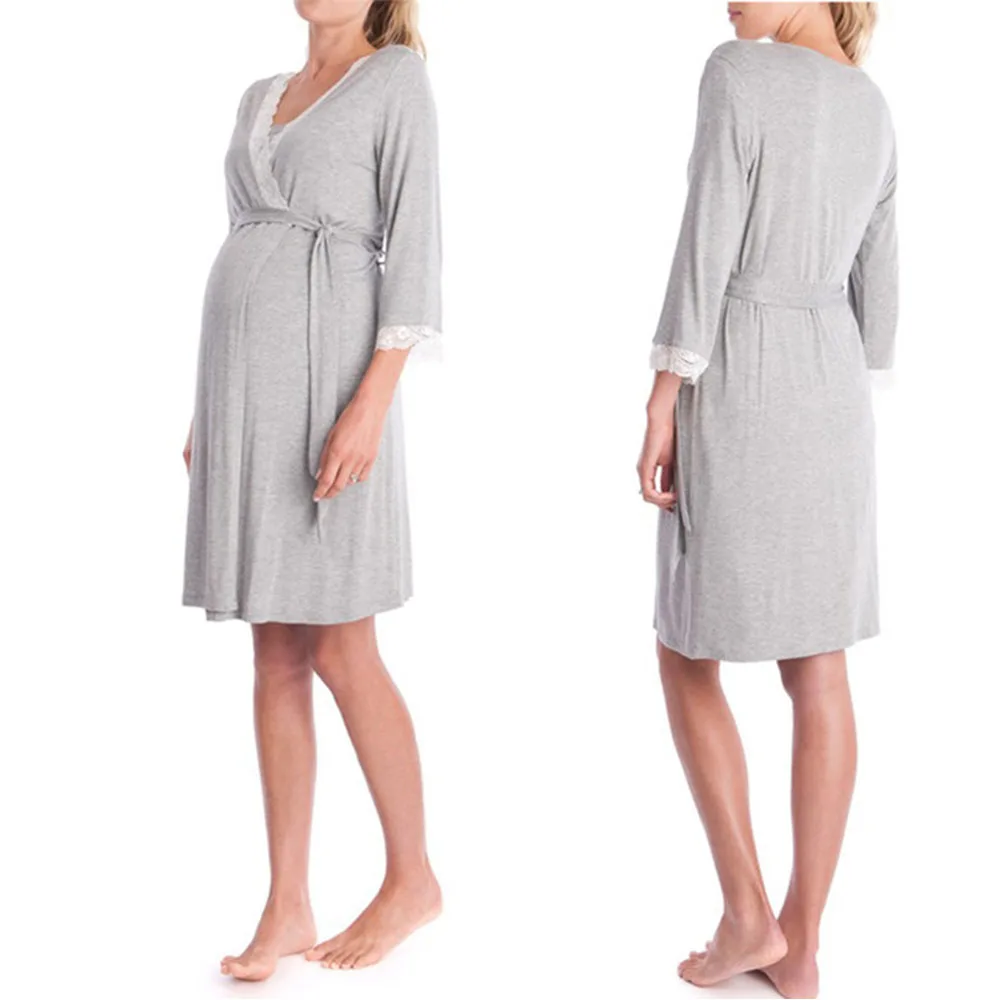 Maternity Robe Pregnant Women Nursing Nightwear Lace Trim Half Sleeve Sleepwear Ropa Mujer Embarazada Premama