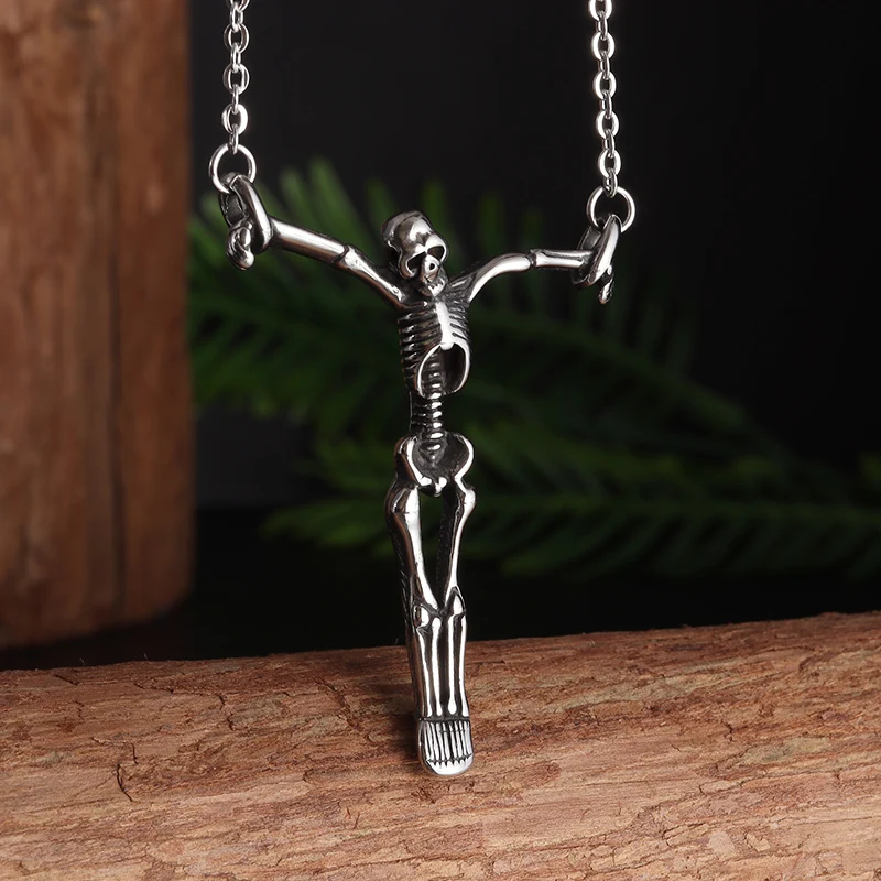 Gothic Skeleton Skull Necklace - Silver Punk Rock Jewelry, Biker Gothic Pendant Necklace For Men & Women