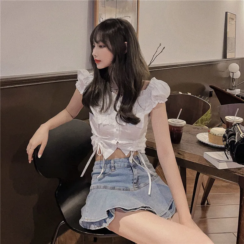 Sexy Chic Ruffles Design Denim Skirt Woman Spring Summer Sweet Cute Trumpet Skirts Fashion Ins High Waist A Line Jupe Femme skater skirt